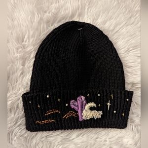 Embroidered purple crystal cactus desert night moon stars black adult beanie